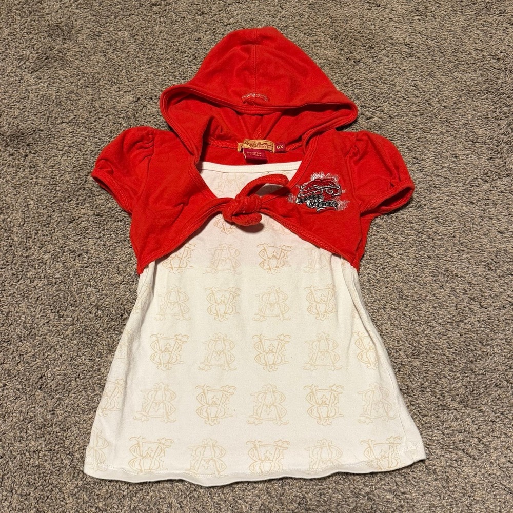 Apple Bottoms Girls Hooded Layered Top Shirt Red White Size 6X Y2K